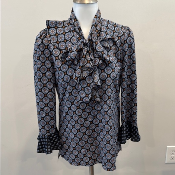 Le Gali XS Blue Patterned Women's Long Sleeve Top with Tie and Ruffle Detail - Picture 1 of 8